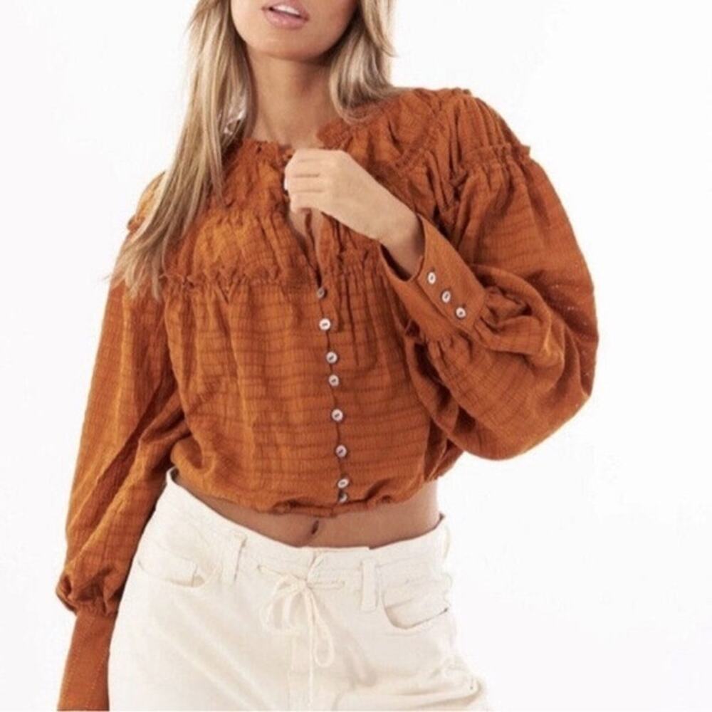 Free People Rust Orange Textured Button-Front Blouse